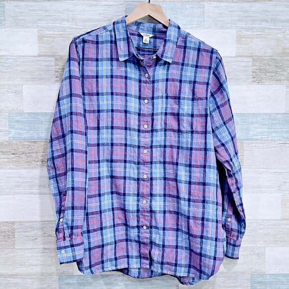 LL Bean Premium Washable 100% European Linen Tunic Shirt Plaid Womens Large - Picture 1 of 6
